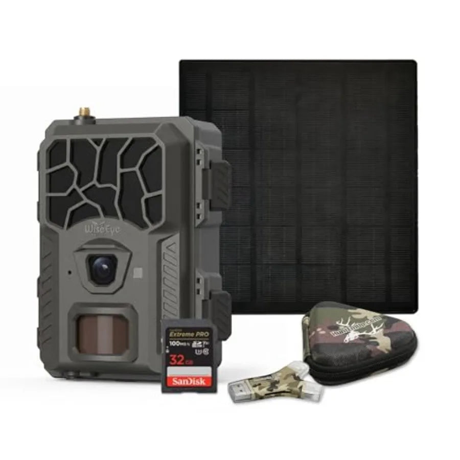 Trail camera bundle for outdoor wildlife monitoring, rugged plastic housing, black color, includes 32 GB SD card with reader an