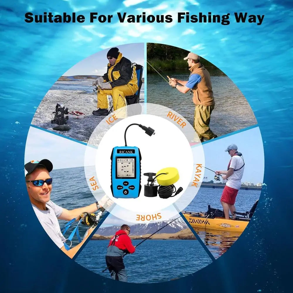 Portable Fish Finder, Handheld Fish Depth Finder Contour Readout Fishfinder Ice Kayak Shore Boat Fishing Fish Detector Device wi