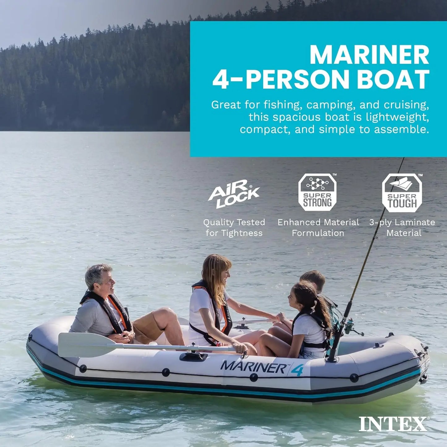 Inflatable Boat with Deluxe Oars and High-Output Pump, Heavy-Duty PVC, Wear-Resistant Keel, Removable Fishing Rod Holders, and Heavy Duty Grab Handle
