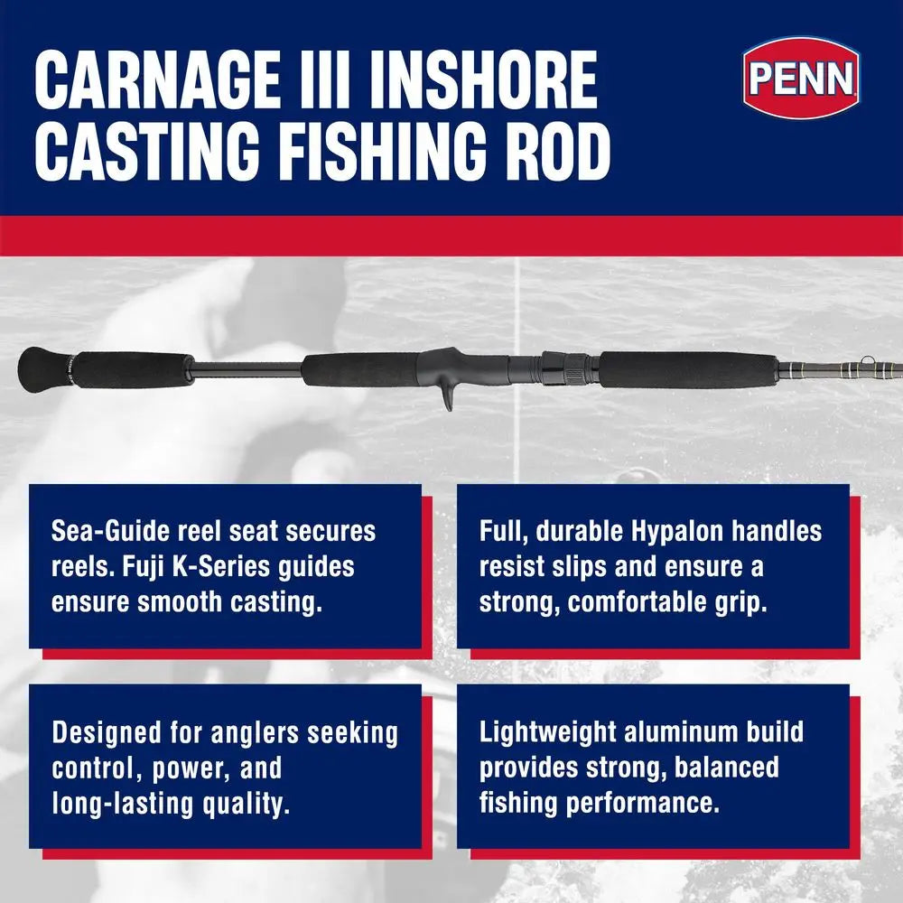 Carnage III Inshore Casting Fishing Rod, 7 Feet, Lightweight Aluminum with Reel Seat and Handles, Load Rating 12 to 20 Pounds,