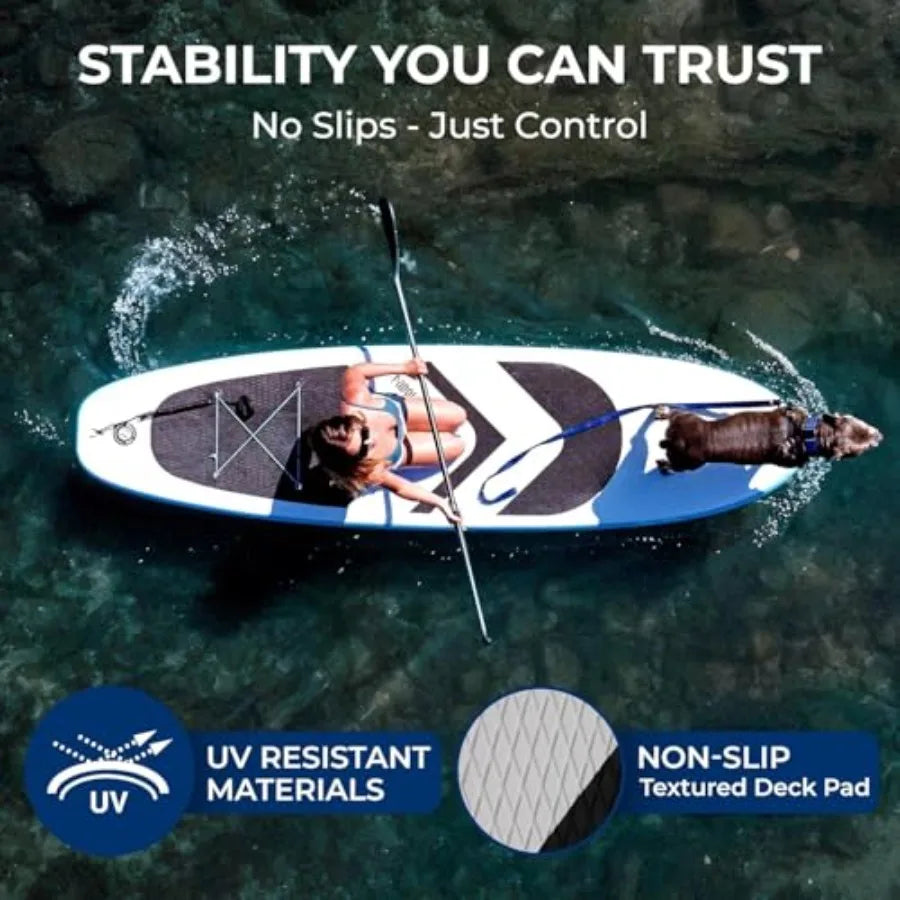 XL Inflatable Stand Up Paddle Board for Pets and Adults Extra-Wide Stable Design Gray/Blue EVA Non-Slip Deck Pad 440/485 lbs Ca