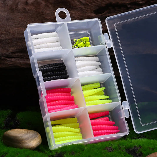 Silicone Artificial Bait Kit with Split Tail Grub Worms Jig Head Hooks for Seasonal Trout Crappie Panfish Fishing Accessories