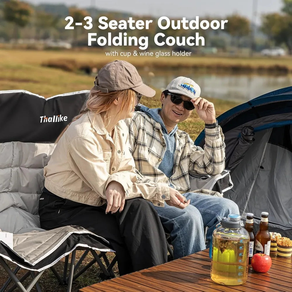 Double Camping Chair – 2-3 Person Outdoor Folding Sofa with Cup & Wine Glass Holders – Oversized Loveseat Camping Couch for Camp
