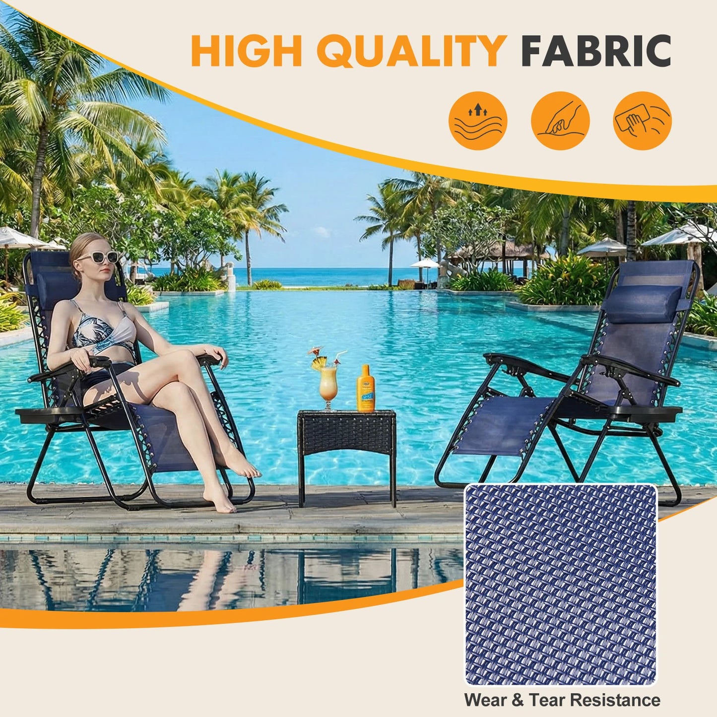 MCQ Outdoor Zero Gravity Chairs Set of 2 Folding Recliner Beach Camping Patio Lounge Chair with Cup Holder and Adjustable Pillow