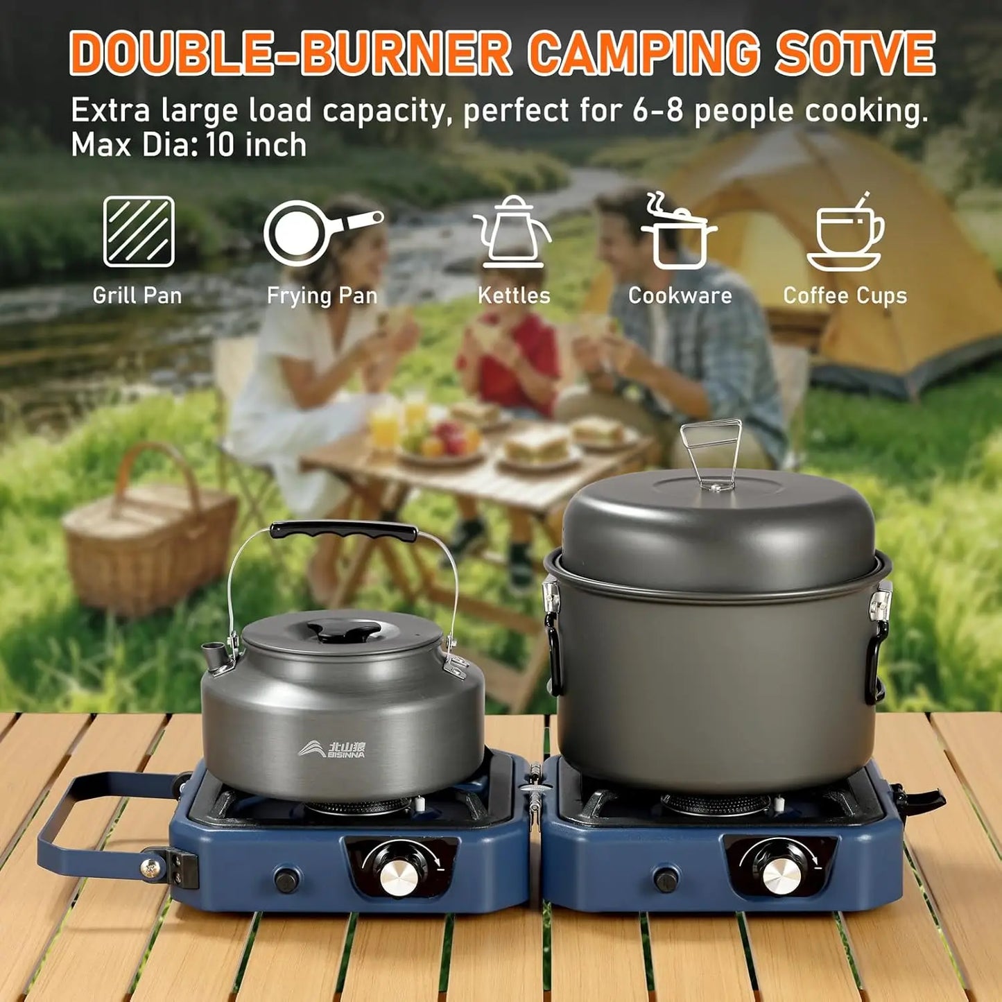 Portable 2 Burner Propane Camping Stove with Griddle, 24000BTU, Folding, Stainless Steel