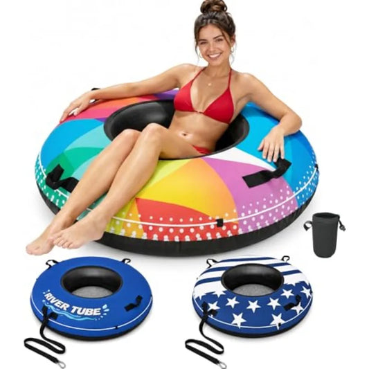 River Tube 48'' Heavy Duty Rubber Float Tube for Lake Pool Floating Black Rubber with Premium Canvas Cover Removable Cup Holder