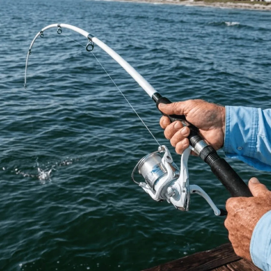 Medium Action 2-Piece Spinning Rod and Reel Combo, Size 6000 Reel, 8 feet, graphite, black, pre-spooled with 10lb monofilament