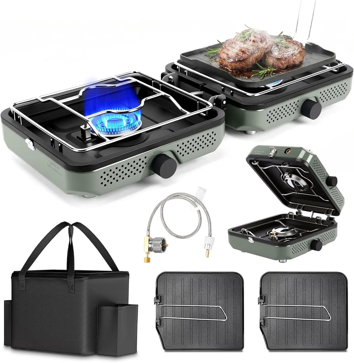 2 Burner Propane Camping Stove, 30000 BTU Portable Dual Griddles with Carry Bag, Outdoor Cooking Set for Camping Gear, RV, Tailgating, Green
