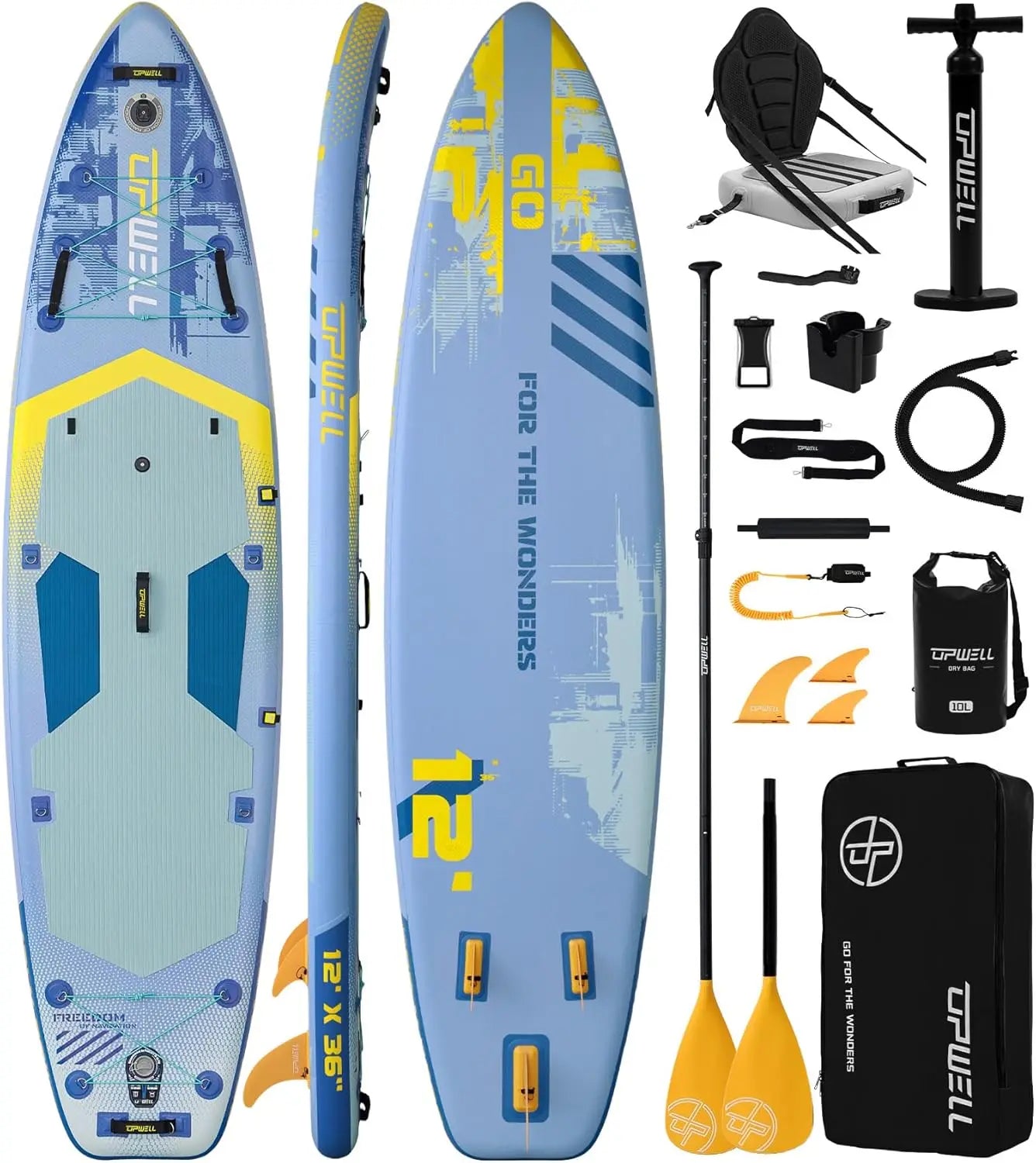 12ft x 36in Wide Inflatable Stand-Up Paddle Board for Adults & Teens, 2+1 Person SUP with Premium Add-Ons: 125L Backpack, Paddle, Leash, Hand Pump, Fins