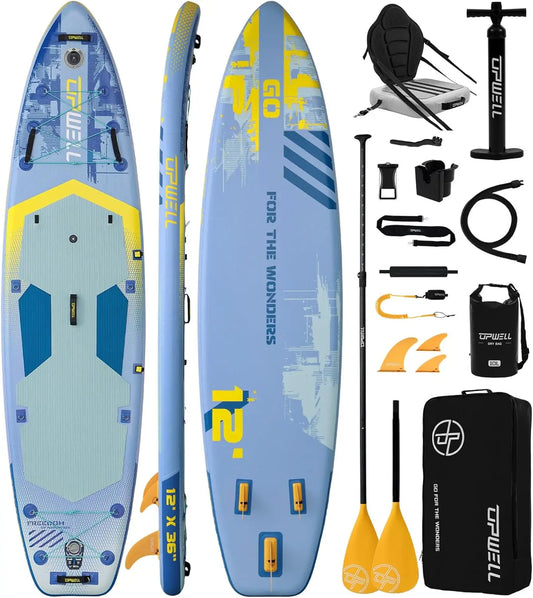 12ft x 36in Wide Inflatable Stand-Up Paddle Board for Adults & Teens, 2+1 Person SUP with Premium Add-Ons: 125L Backpack, Paddle, Leash, Hand Pump, Fins