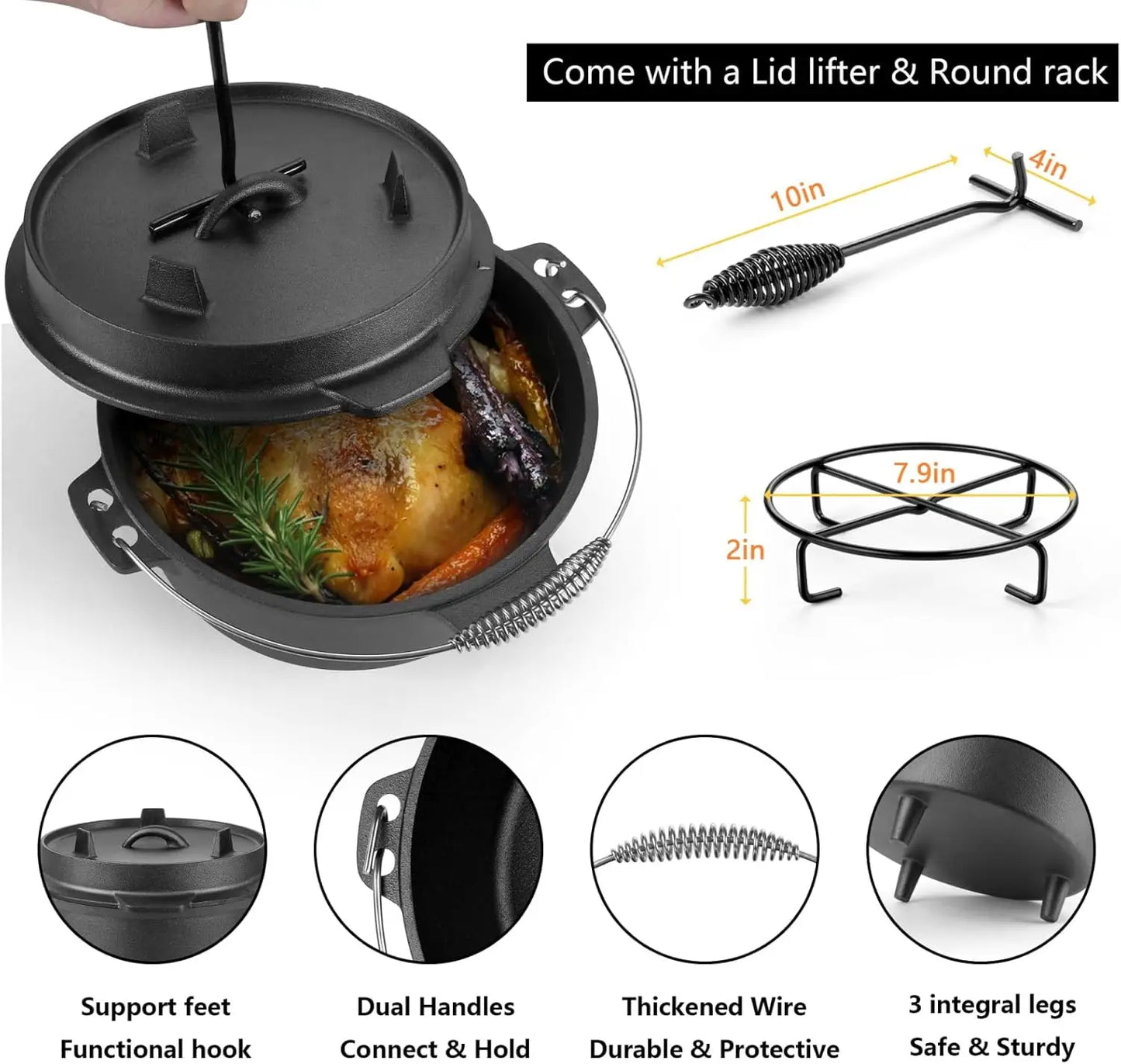 Cast Iron Dutch Oven 7 QT, Pre-Seasoned 2-in-1 Deep Pot & Lid Skillet Pan for Camping Baking, Heavy Duty with Bracket and Lid