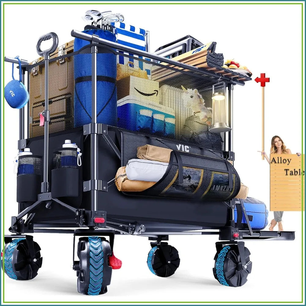 680lbs Super Cart & Table 1=5 Set, 480L Capacity, 54" Extra Long Folding Wagon, Heavy Duty with Brakes, All-Terrain Wheels for Camping, Shopping