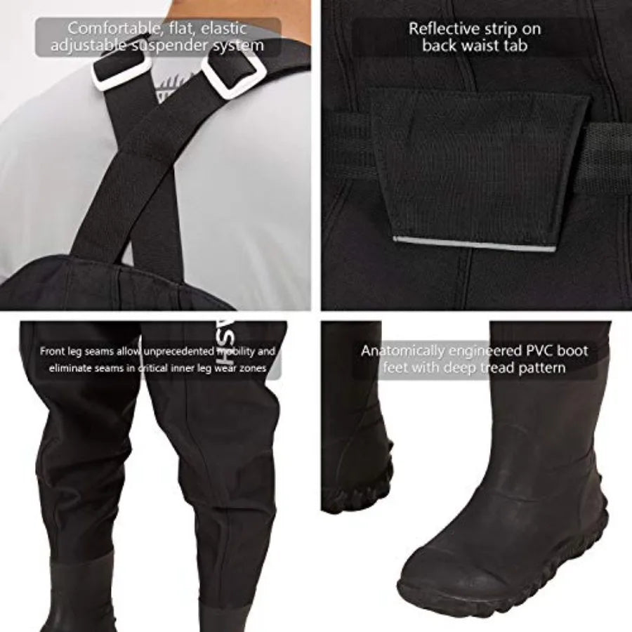 Fishing and hunting chest waders for men, ultra-high-strength nylon-PVC blend, black, 3D boot feet design for enhanced grip and