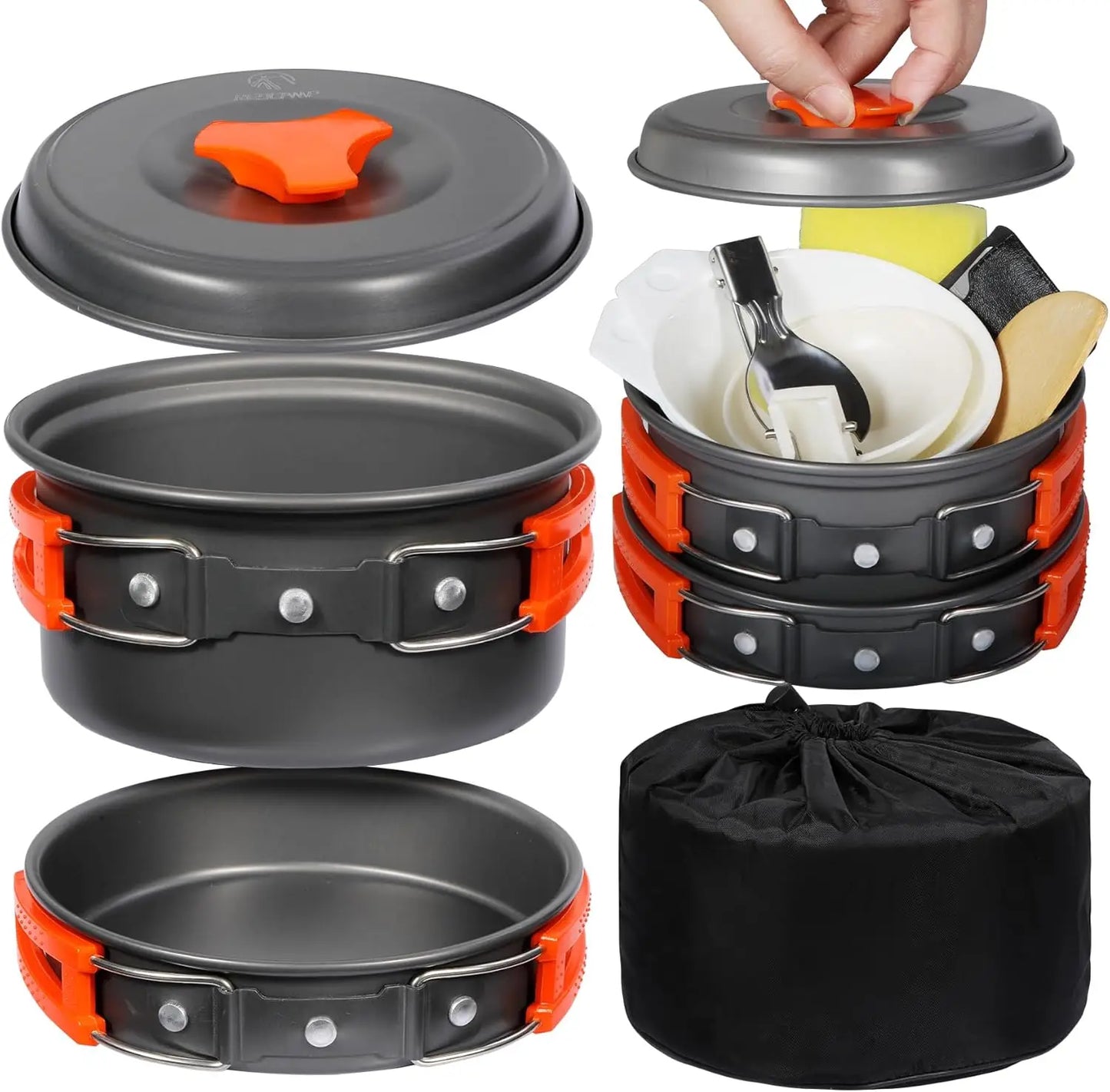 6-19 PCS Camping Cookware Mess Kit Lightweight Stackable Pot Pan Bowls with Storage Bag for Outdoor Cooking