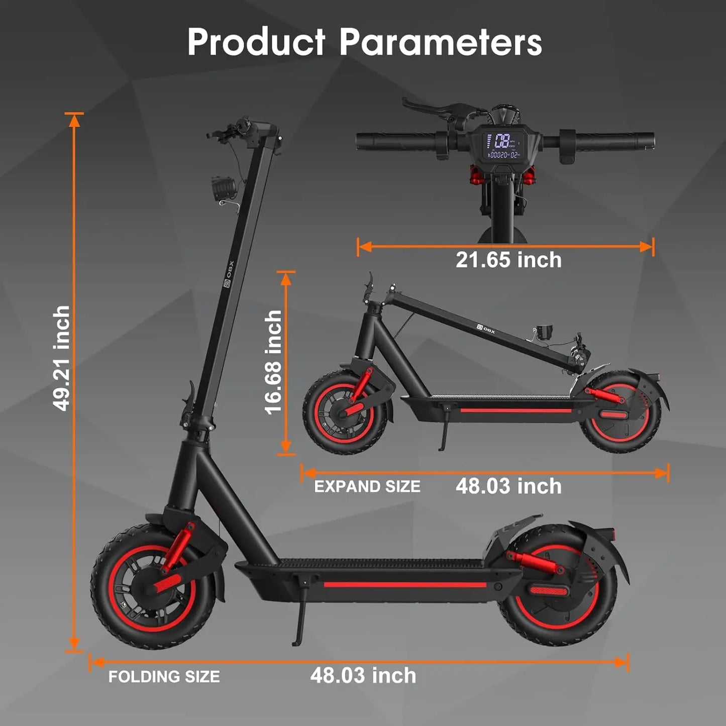 OBX 1200W Off Road Electric Scooter for Adults 48V Long Range E-Scooter 31MPH Fast Speed 10" Off Road Tires Foldable Dual Suspension Scooter