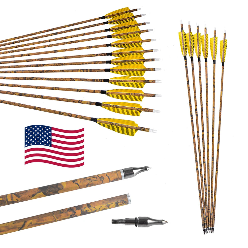 12pcs Archery Arrows 31.5 Inch Spine 500 Mixed Carbon with 4 Inch Turkey Feathers 100 Grain Tips for Compound Recurve Bow Outdoor Hunting