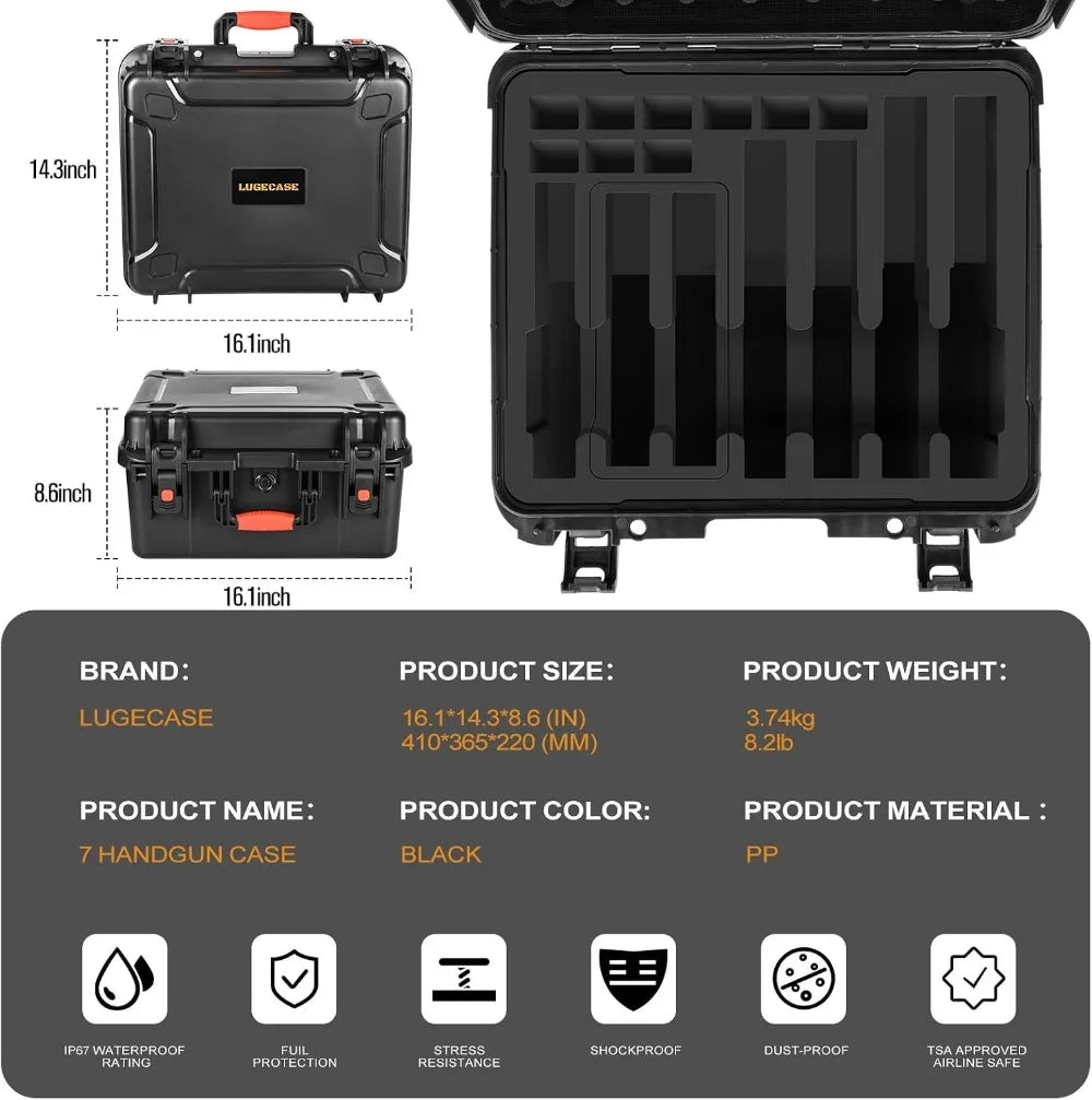 Pistol Gun Case for Multi Handguns, Pre-cut Waterproof Hard Shell, TSA Approved for SIG, Smith & Wesson, Colt, Revolver, Glock