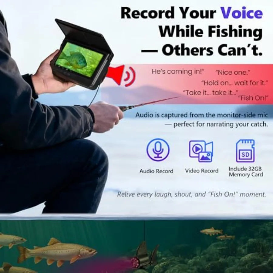 2026 NEW Audio+Video Record HD1080P Ice Fishing Camera w/DVR 32GB, 10000mAh, 5'' OLED, IR, Portable Underwater Fish Finder for