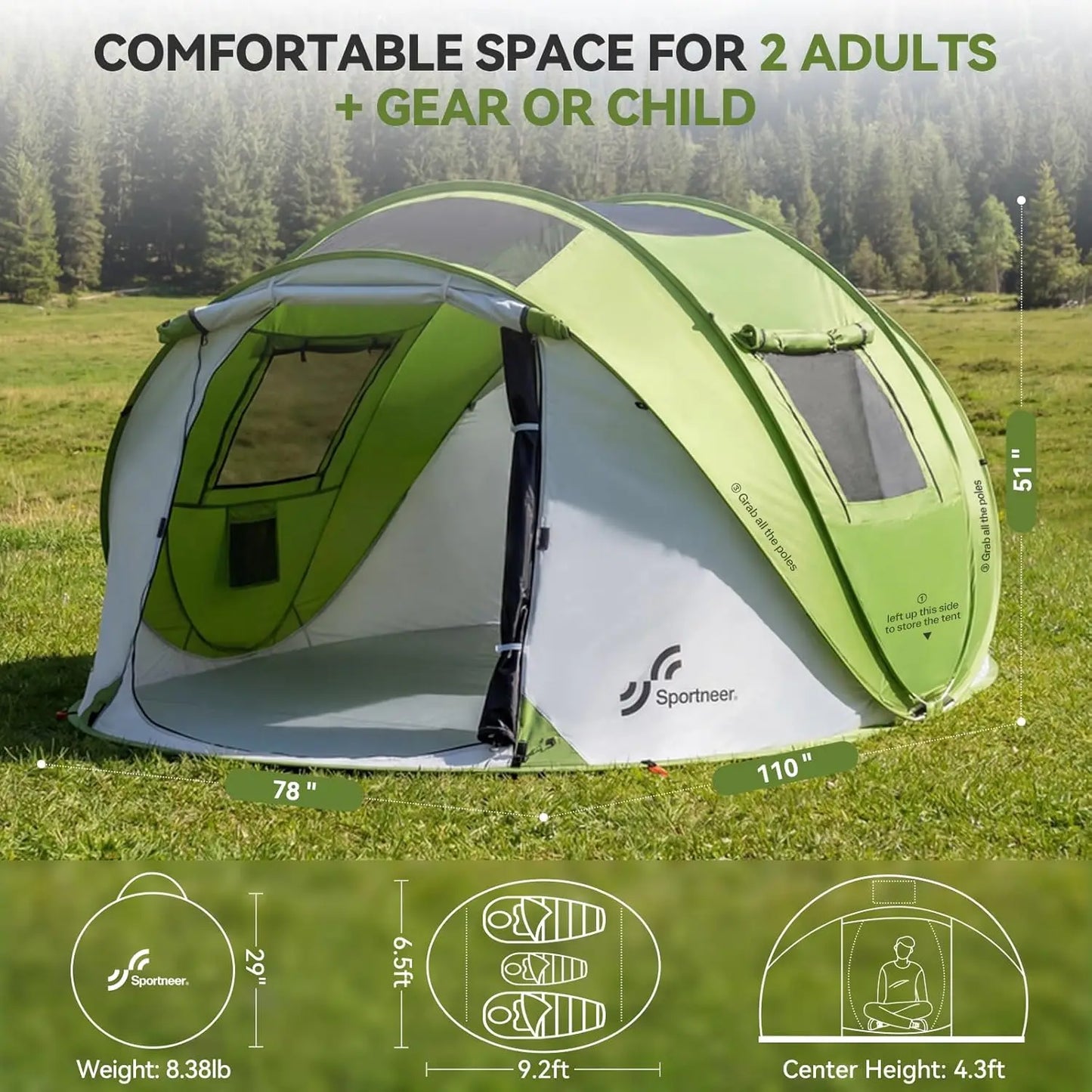 Sportneer Camping Tent: 2 Adults Pop Up Tent with Rain Fly and Carrying Bag - All-Weather Shelter for Camping Backyard Sleepover & Beach, 2 Doors, 3 Top Meshes, Easy Set Up, Size 110''x78''x51''