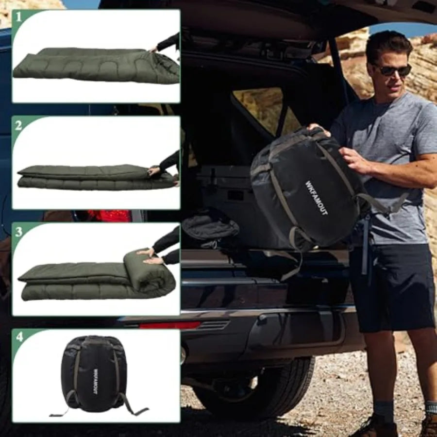 Car camping, hunting, tent camp sleeping bag: 0 double adult queen size 2-person cold weather sleeping bag with compression sac