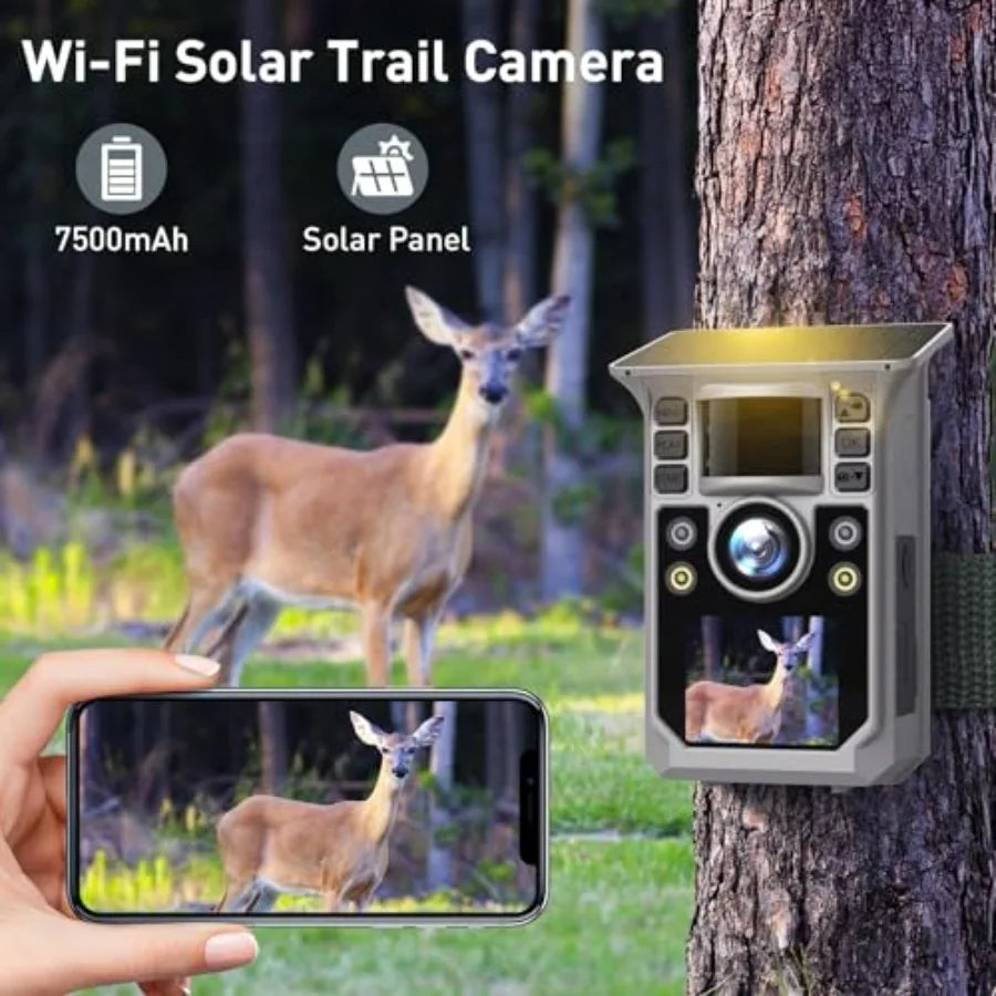 Trail Camera for outdoor hunting: 6K 64MP full-color solar WiFi camera with night vision, IP67 waterproof housing, built-in 750
