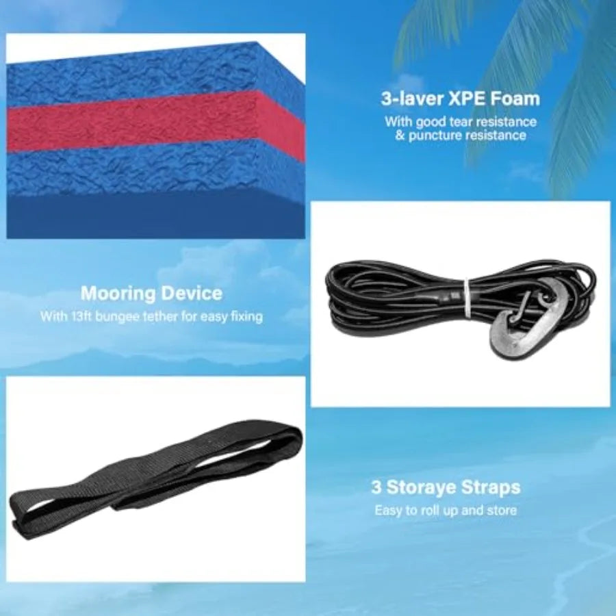 Pool Party Floating Water Mat For Lake Beach Ocean Recreation Heavy-Duty 3-Layer XPE Foam In Blue Extra Large 12 X 5.5 Ft Capac