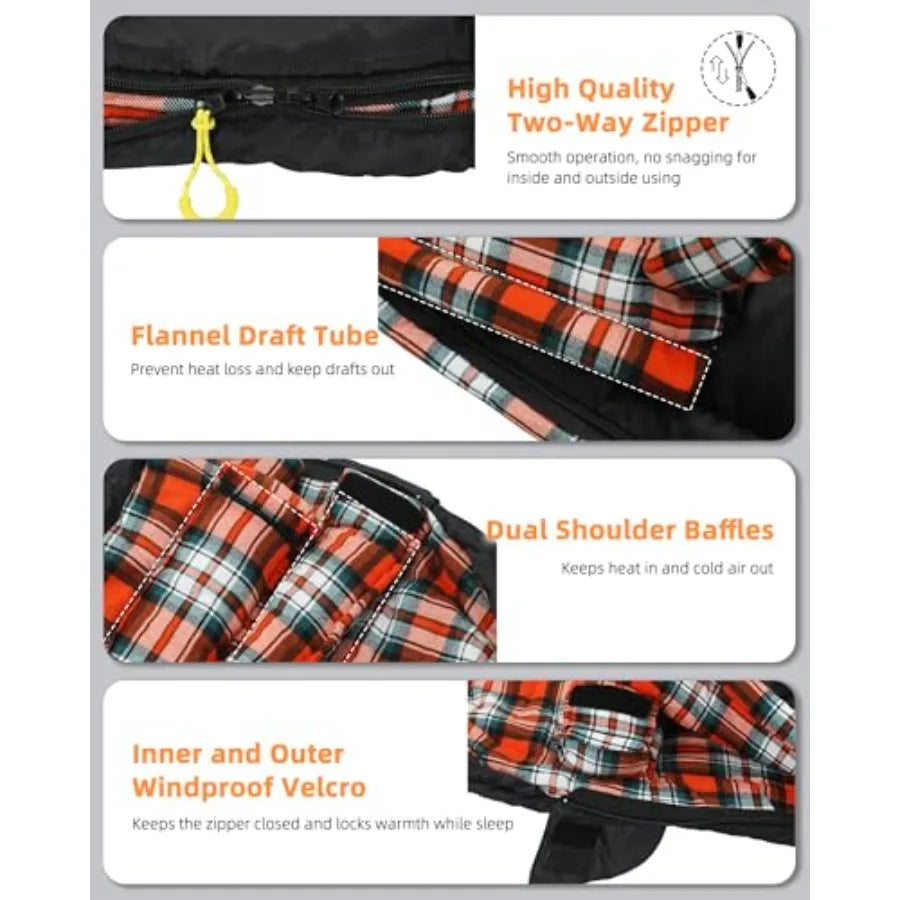 Cotton Flannel Sleeping Bag for Adults, 4 Season Extra Wide BigandTall XXL Portable Sleeping Bags for Warm Cold Weather Winter,