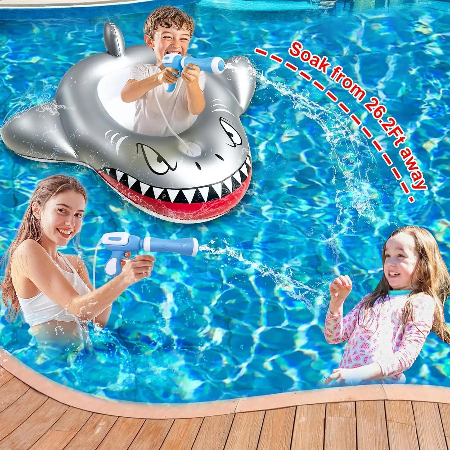 Altrek Store 2 Pack Inflatable Shark Pool Floats Kids 3-11 Years, Kids Floaties Swimming Pool Toys with 2 Water Squirt Guns Boys Girls Party Float Ride-on Toddler Floatie with Safety Seat Summer Outdoor Water Game
