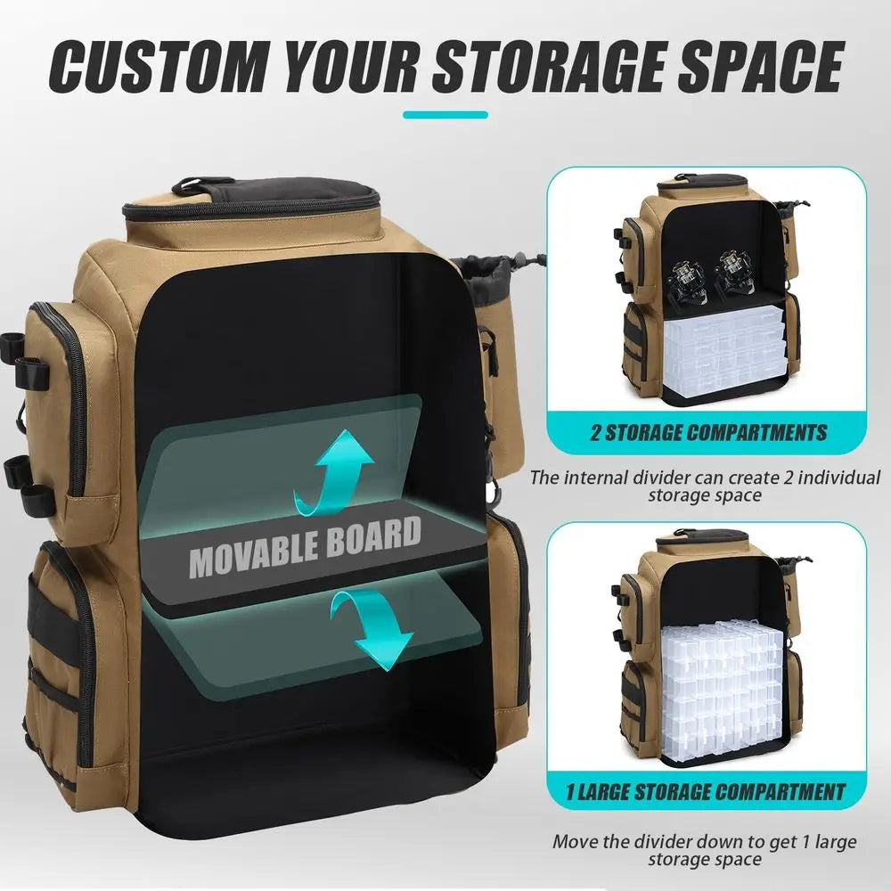 Large 50L Insulated Fishing Backpack with Tackle Boxes, Rod Holders, and Bottle Holders, Durable Brown Storage for Gear