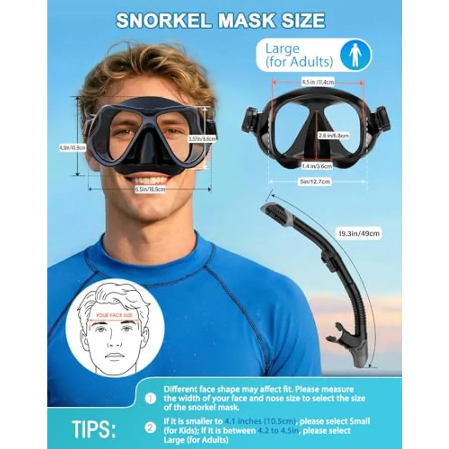 Dry Snorkel Set, Panoramic Wide View Anti-Fog Scuba Diving Mask, Professional Snorkeling Gear for Adults