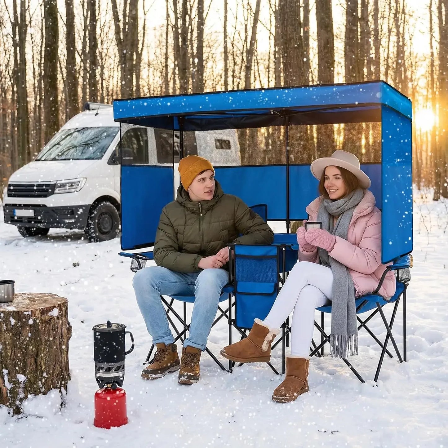 Double Beach Chair with Canopy Shade Heavy Duty Camping Chairs with Cup Holder Folding Loveseat for Outside Lawn