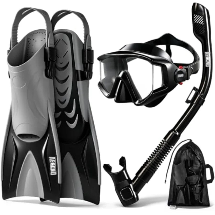 Snorkeling Gear for Adults Men Women: Anti-Fog Panoramic Mask Set, Adjustable Fins and Dry Top Snorkel All-in-One Travel Snorke