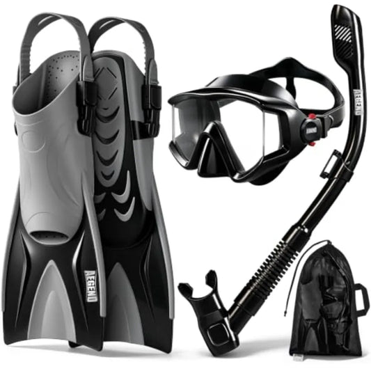 Snorkeling Gear for Adults Men Women: Anti-Fog Panoramic Mask Set, Adjustable Fins and Dry Top Snorkel All-in-One Travel Snorke