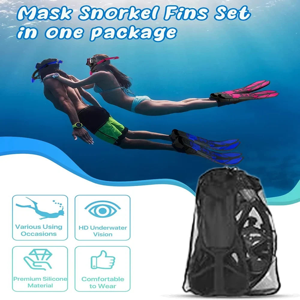 Mask Fin Snorkel Set Snorkel Gear for Adult Panoramic View Snorkel Mask Adjustable Dive Flipper Dry Top Snorkel and Travel Bag