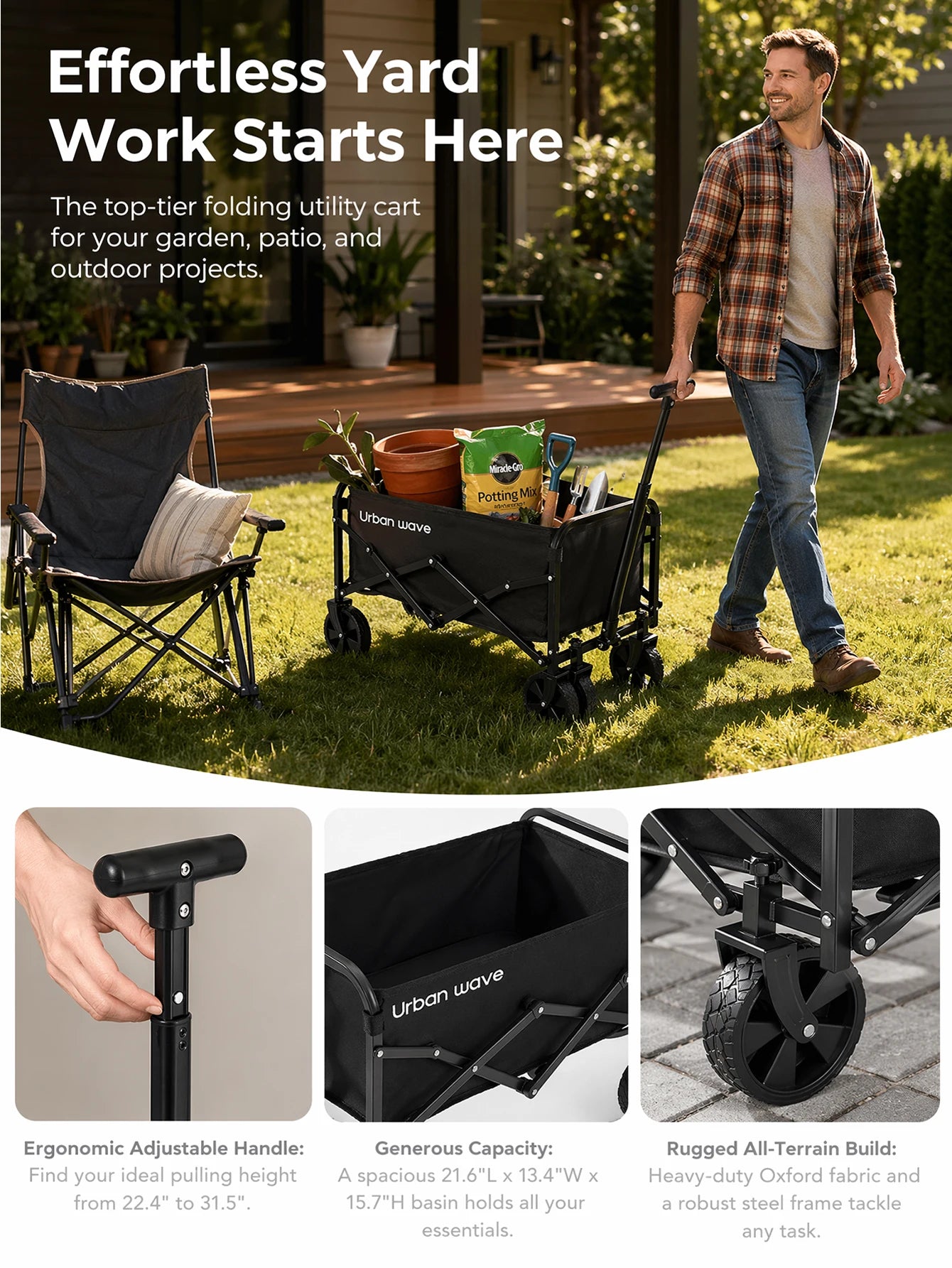 Collapsible Wagon with Wheels, 220 lbs Wagons CartsFoldable Wagon Cart with Flexible Handle, LightweightPortable Folding Utility Grocery Shopping Cart for GrocerySports Garden Camping