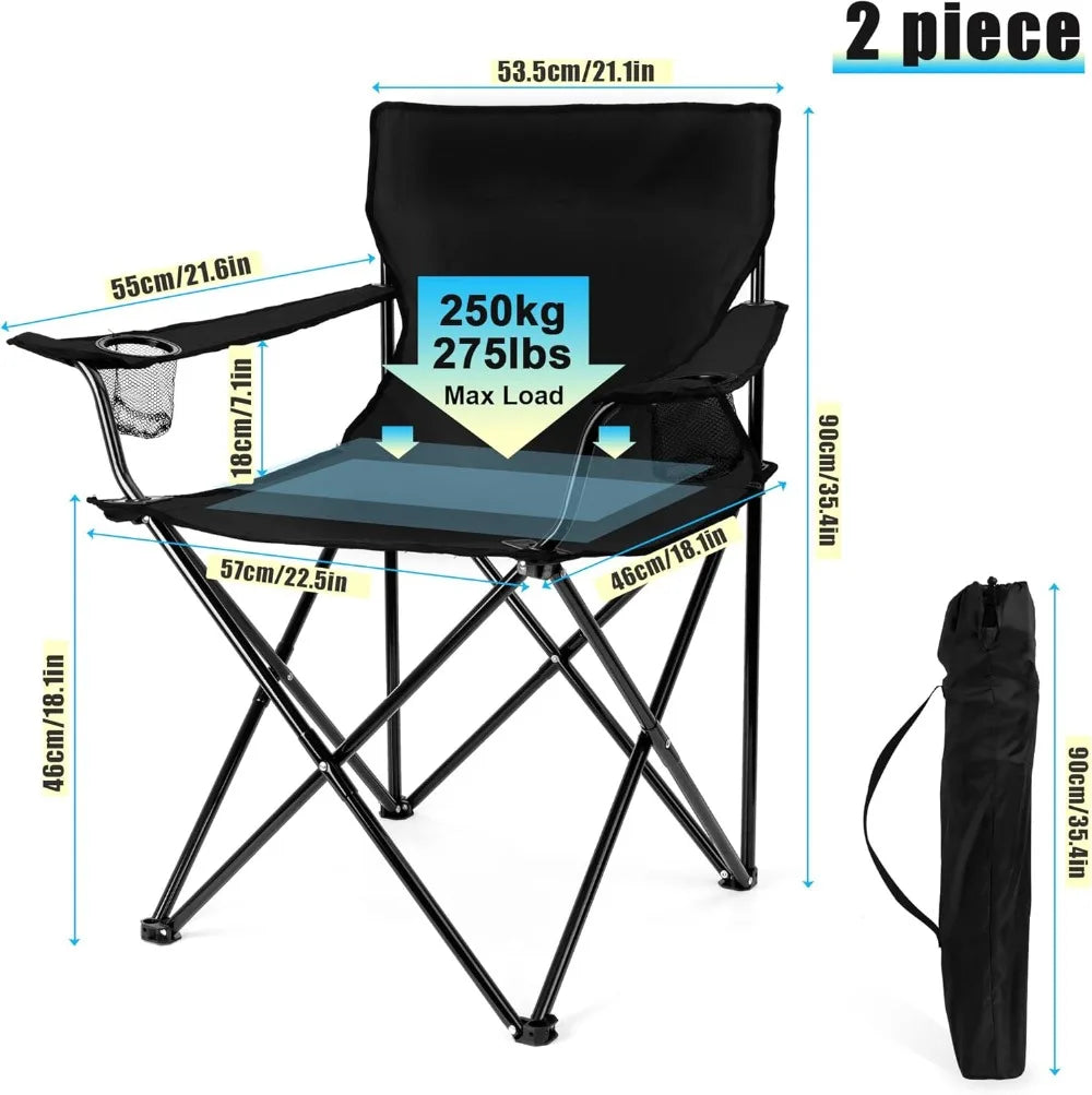 Foldable Camping Chair Set of 2, Folding Camp Chairs for Adults, Large Portable Lawn Chair for Outdoors Fishing, Hiking, Travel, Picnic, Beach, Supports 275lbs & Include Storage Bags (Black)