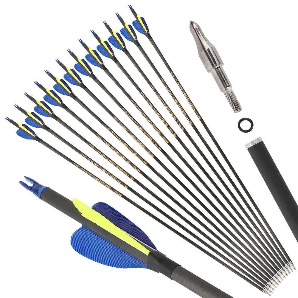 Pure Carbon Arrows 32 Inch Spine 500/600 ID6.2mm with 2 Inch Feathers for Compound Recurve Bow Hunting Shooting Accessories