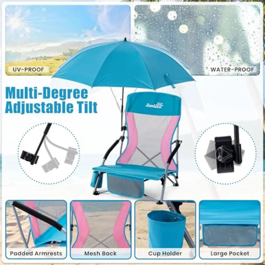 Folding Beach Chair with Umbrella for Adults, 2 Pack Portable Low Beach Chairs, 300lbs Capacity, Lightweight Foldable Camping C