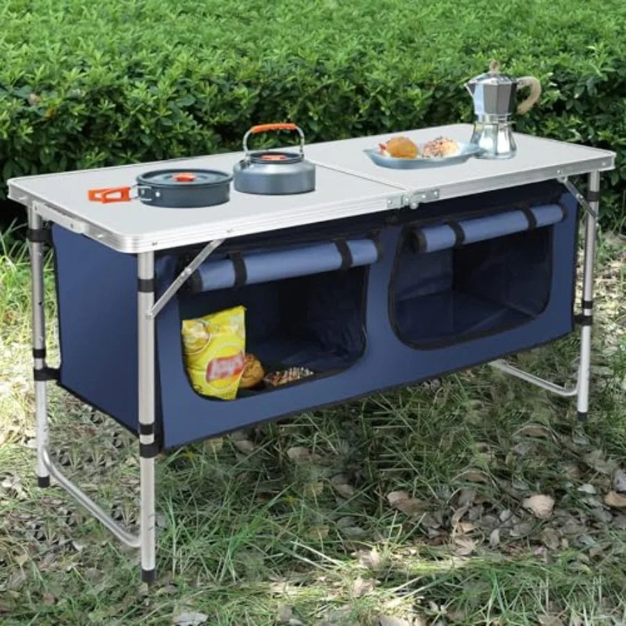 Camping Table, Folding Camping Table with Storage, Portable Kitchen Table, Lightweight, 3 Heights Adjustable Camping Furniture