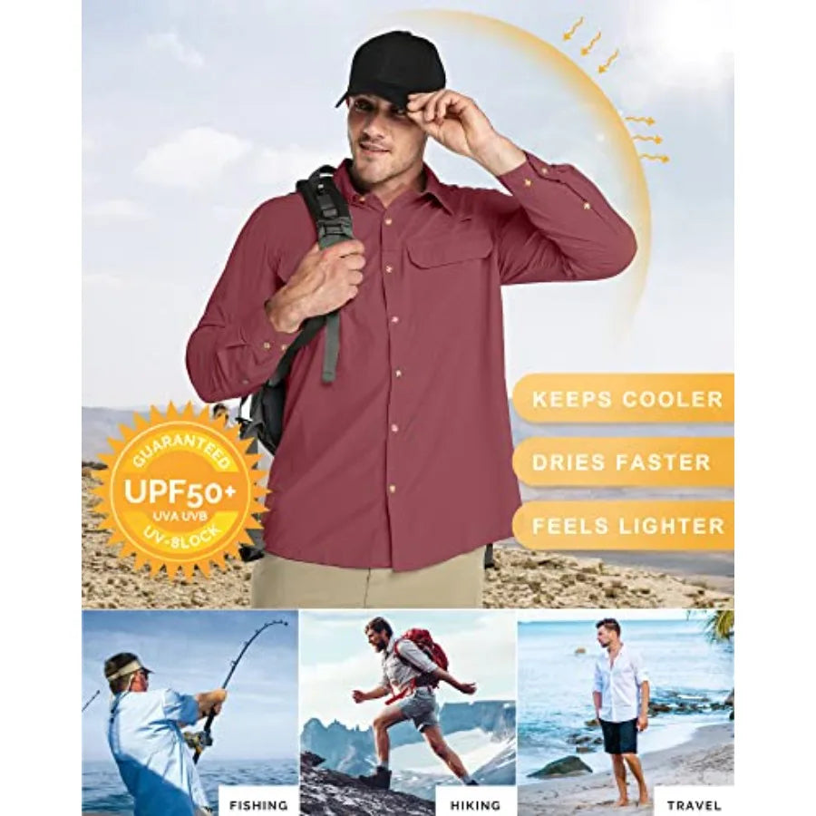33000Feet Men's Long Sleeve Sun Protection Shirt UPF 50+ UV Quick Dry Cooling Fishing Shirts for Travel Safari Camping Hiking