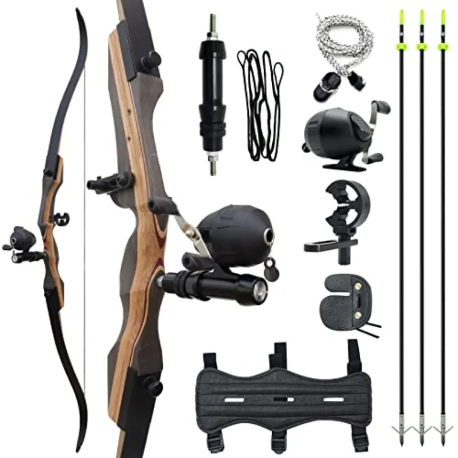 62 Hunting Recurve Bow Archery Set for Adults 25-50lbs Right Hand with 3pcs Bow Fishing Arrows in Black and Yellow
