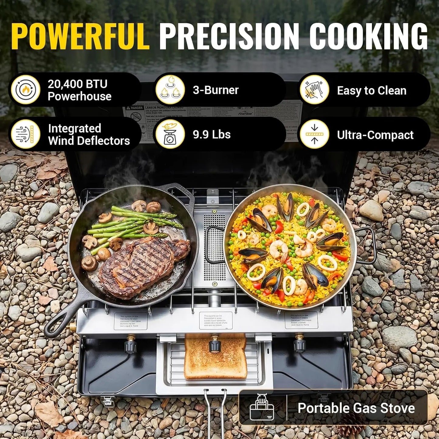 3-Burner Propane Camping Stove, 20400 BTUs, Portable with Push-Button Ignition & Wind Guards for Outdoor Cooking
