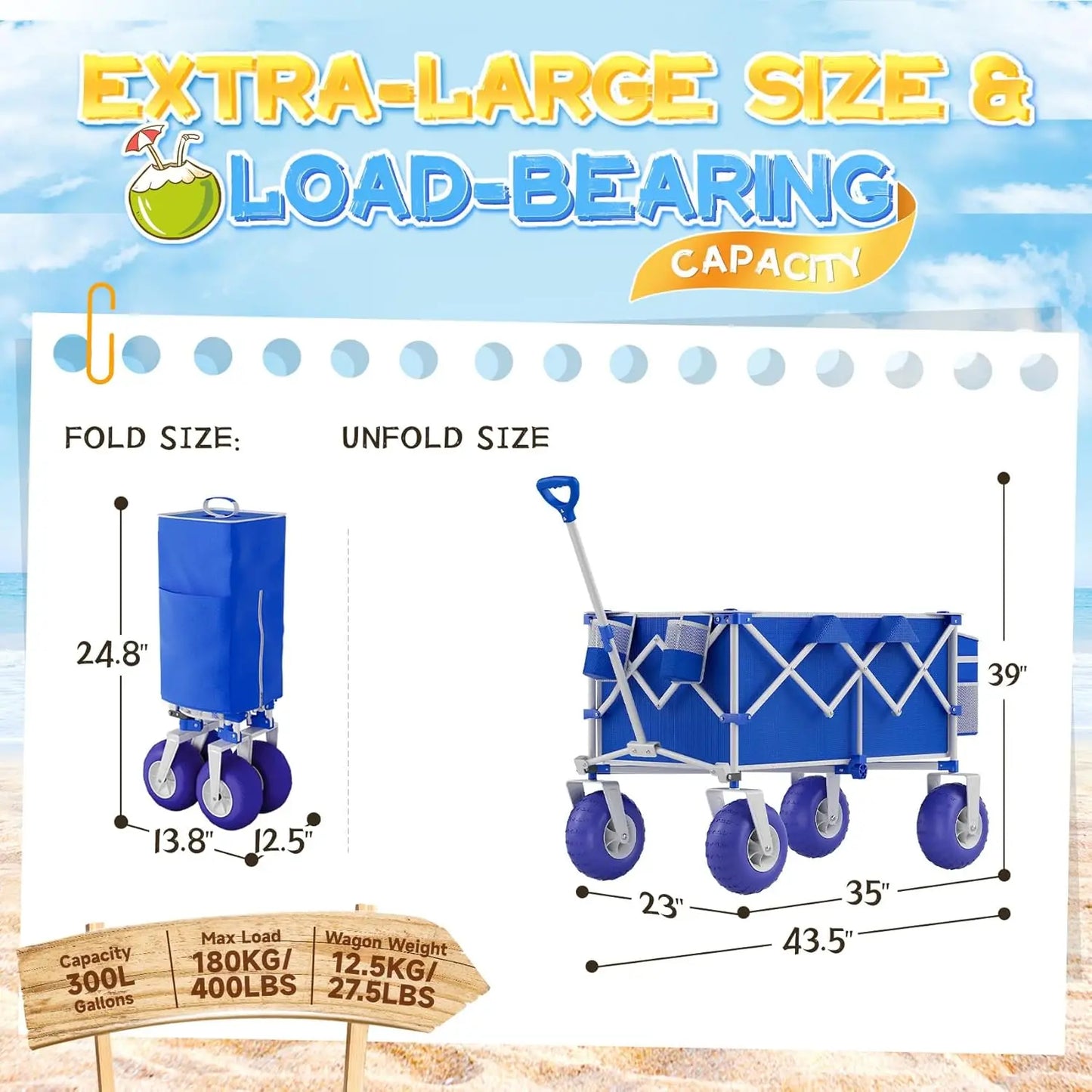 400LBS Heavy Duty Beach Wagon with 9" All-Terrain Inflatable Wheels, Foldable Utility Cart for Sand, Camping, Grocery - Blue