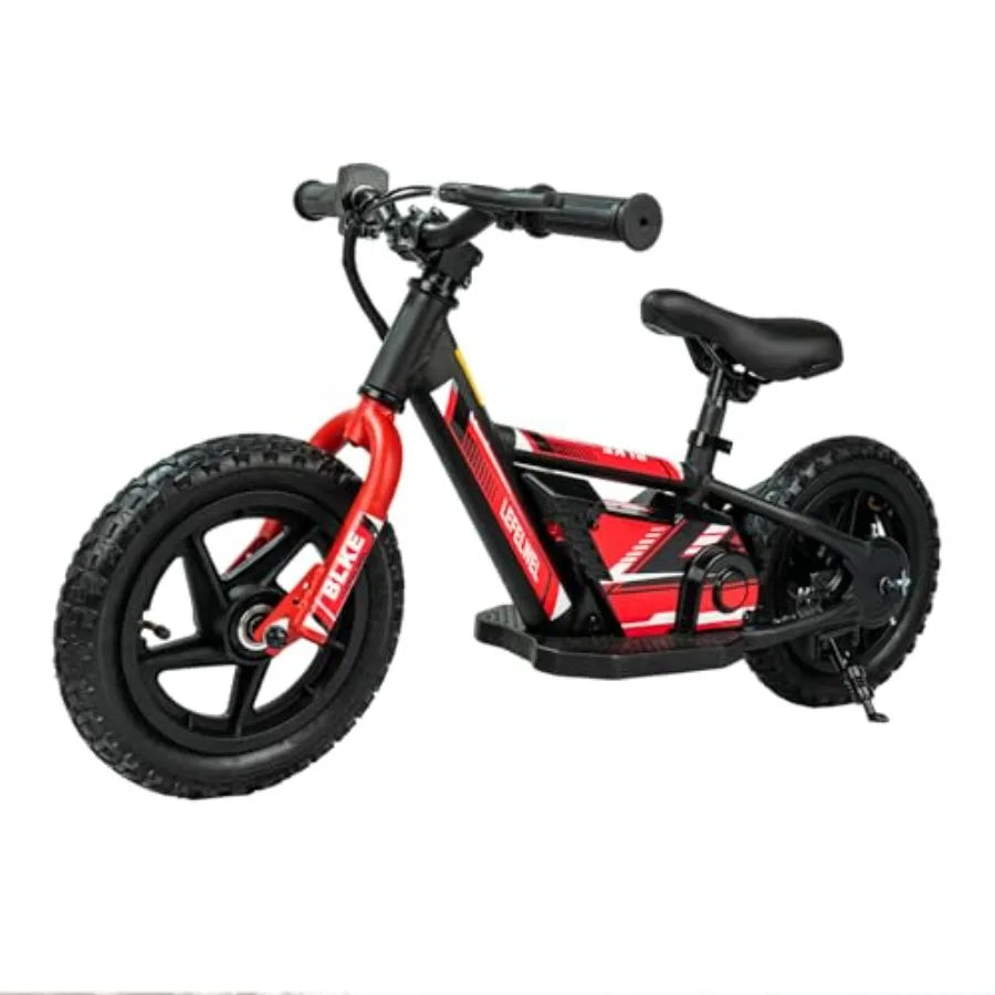 Electric balance bike for kids ages 3-5/4-8: lightweight aluminum frame, black/red color, adjustable speed up to 12 km/h, 40-mi
