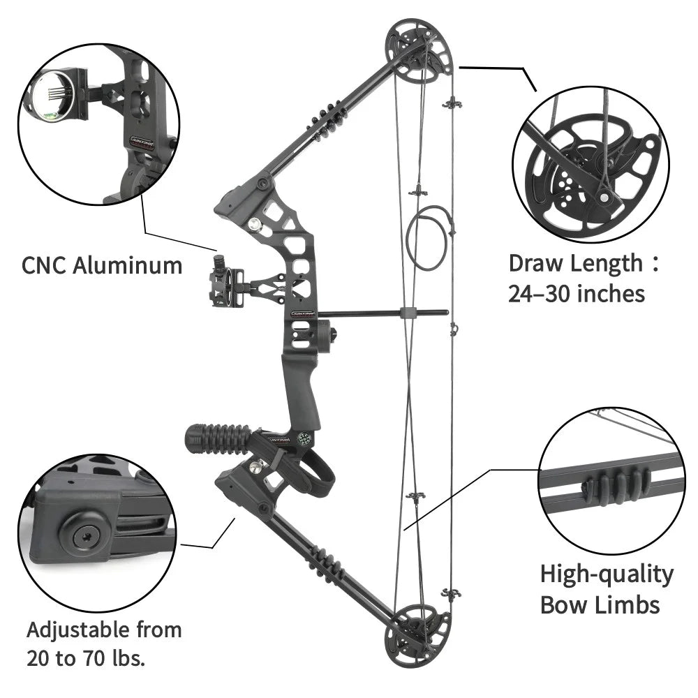 Archery Compound Bow with Spine 500 Carbon Arrows 20-70lbs Adjustable 320FPS High-Strength Alloy Handle RH/LH for Adults Beginners Hunting Shooting Target Practice Outdoor Sports Accessories