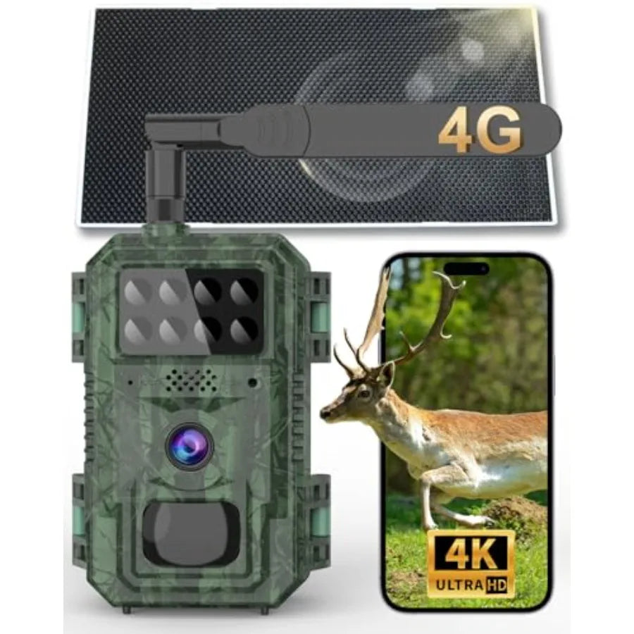 Wildlife monitoring trail camera for hunting: 4G cellular, 4K 48MP wide-angle 120 lens, black, solar-powered with IP68 waterpro