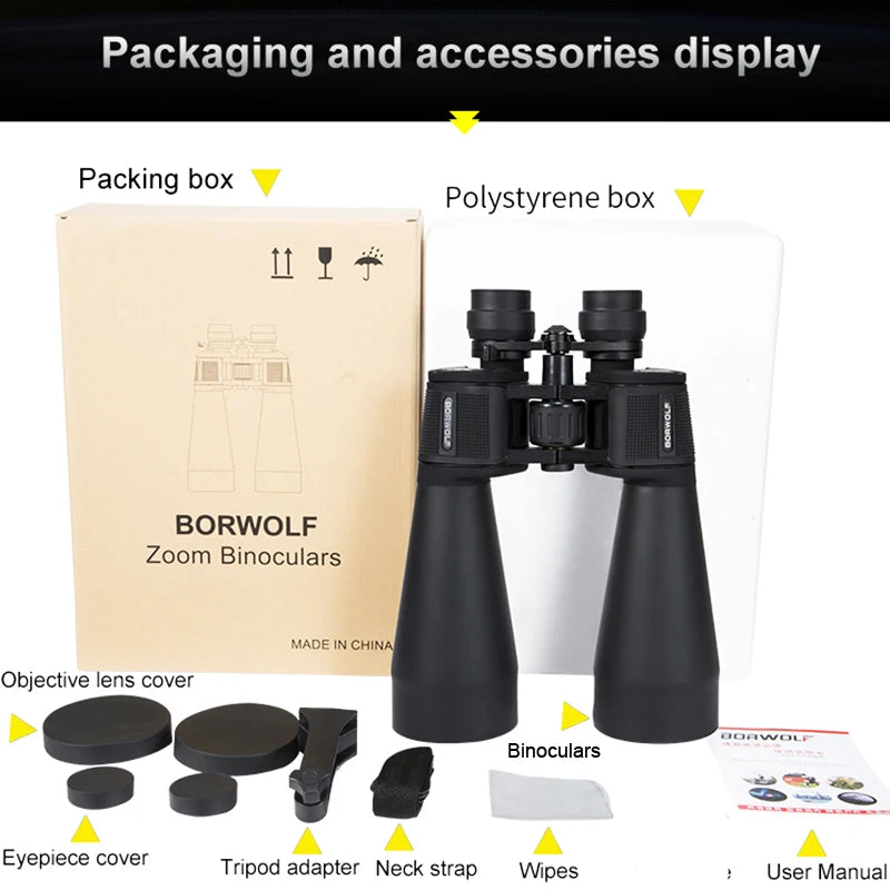 BORWOLF 20-60X70 Binoculars Telescope HD  Bak4 Prism Professional Zoom Powerful for Hunting Bird Watching