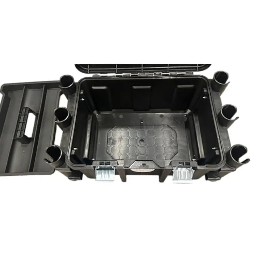Kayak Fishing Crate - 6 Integrated Rod Pole Holders, Tackle Box Accessory Storage Area and Tray with Lockable Lid - No Assembly