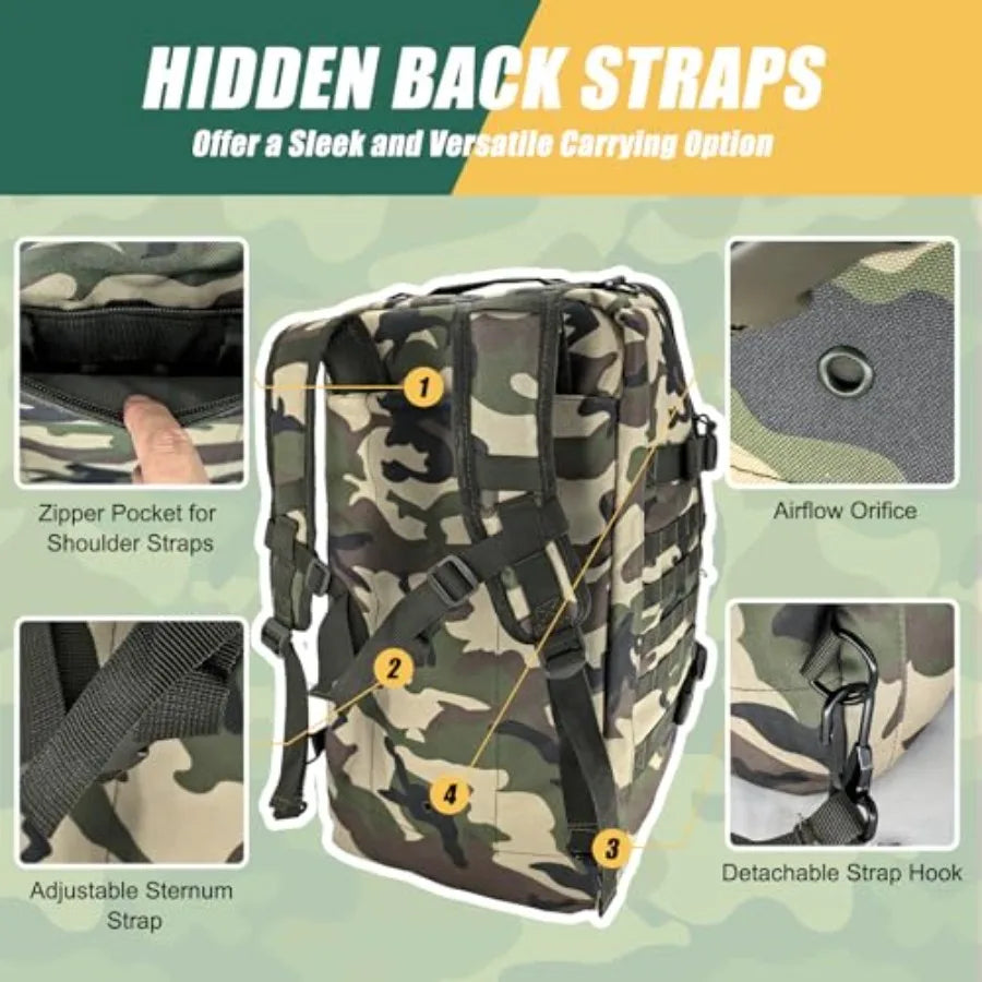 Large Travel Duffle Bag Military Tactical Backpack Army Assault Pack 3 Day Bug Out Rucksack for Outdoor Sports Hiking Camping w