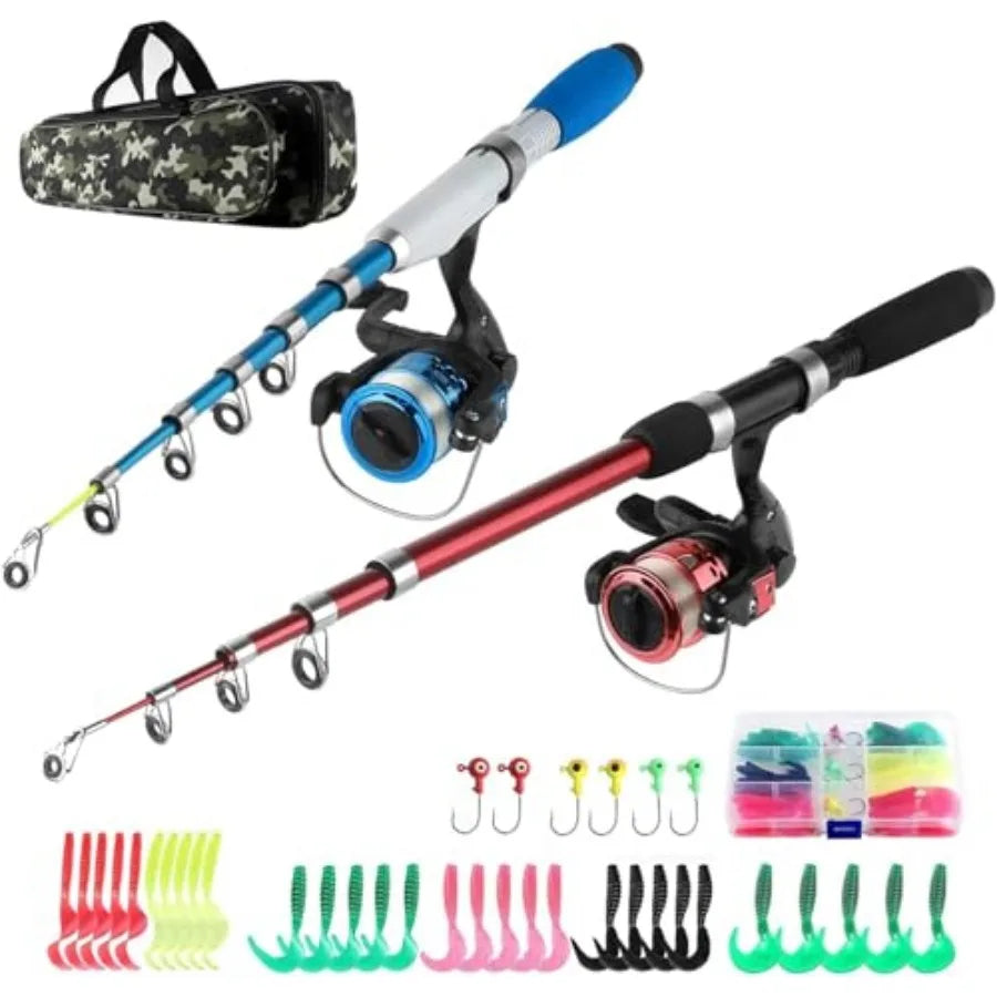 Fishing Rod Reel Combos for Youth: Telescopic Carbon Fiber Rods in Blue, Lightweight Portable with 2 Spinning Reels, Lures, Hoo